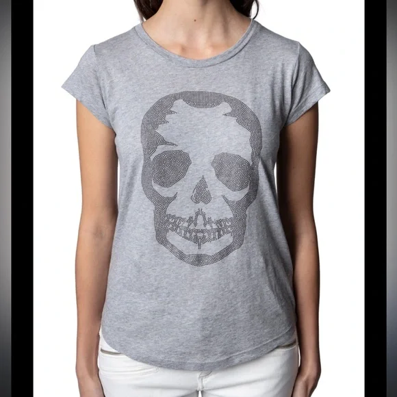 Zadig & Voltaire skinny skull tee embellished gray short sleeve size large - Picture 1 of 6
